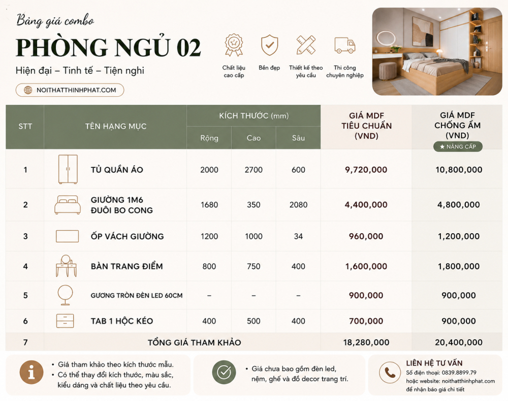 Combo Nội Thất Phòng Ngủ Tối Giản Kèm Bàn Trang Điểm- PN02